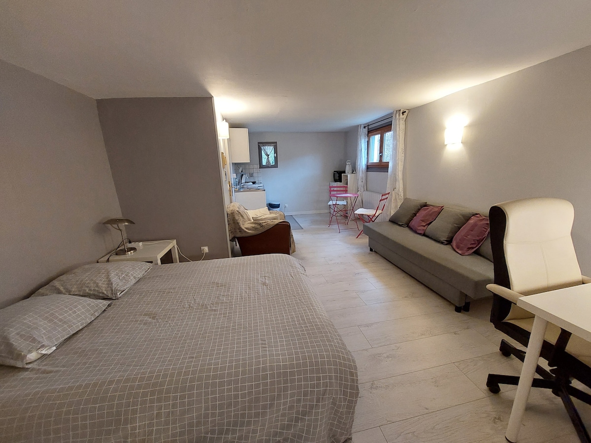 A spacious room features a comfortable bed with gray bedding, a cozy sofa adorned with cushions, and a desk chair. A small dining table set for two is positioned near the kitchenette, while soft lighting creates a warm ambiance.