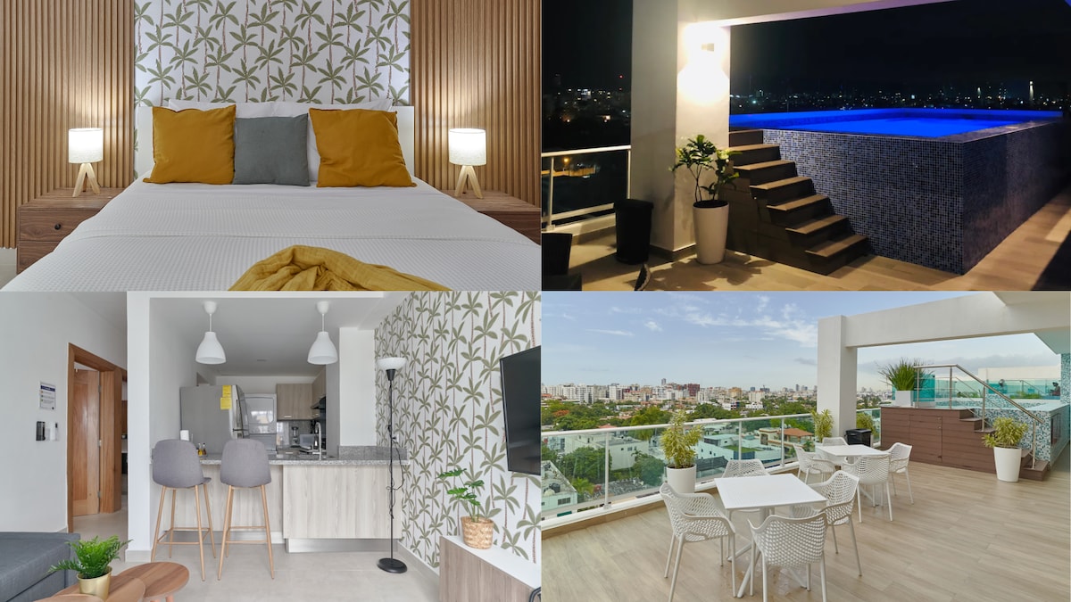 A cozy bedroom space features a bed adorned with neutral bedding and two yellow accent pillows. A rooftop terrace showcases an infinity pool with a view of the city skyline. The kitchen area is equipped with modern appliances and stylish seating, while the terrace offers ample outdoor seating surrounded by greenery.