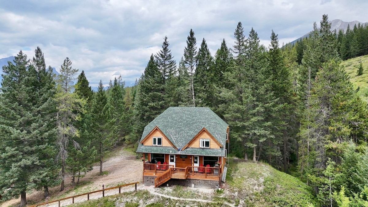 An aerial view of the Boswell Cabin is shown, surrounded by a dense forest. The cabin features a sloped roof and a spacious front porch furnished with seating. Tall trees frame the structure, and distant mountain peaks are visible in the background under a cloudy sky.