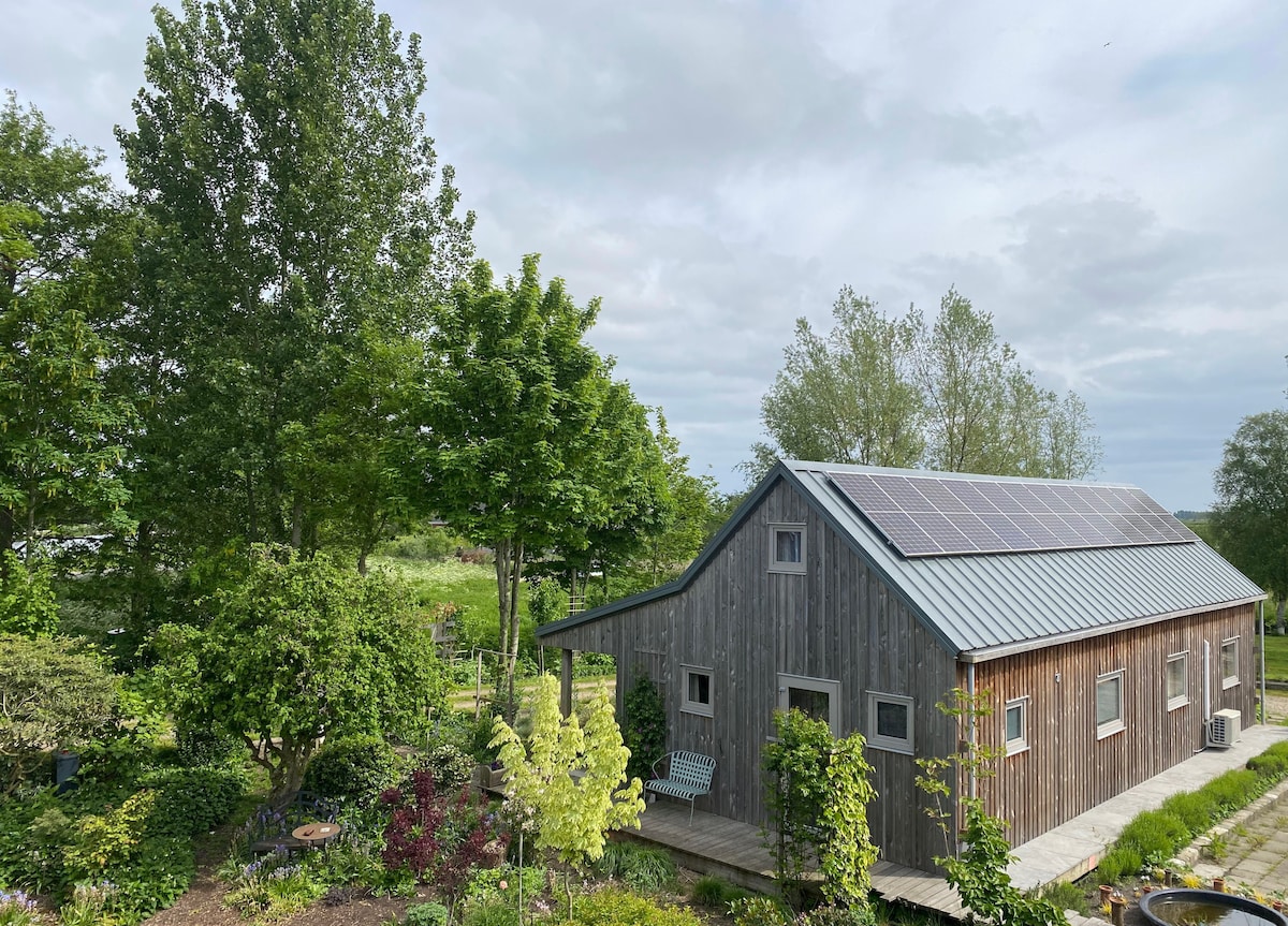 A wooden house, designed with sustainability in mind, is surrounded by lush greenery. Solar panels are mounted on the metal roof. A shaded porch invites relaxation, while various plants and trees enhance the natural setting, creating a peaceful outdoor atmosphere.