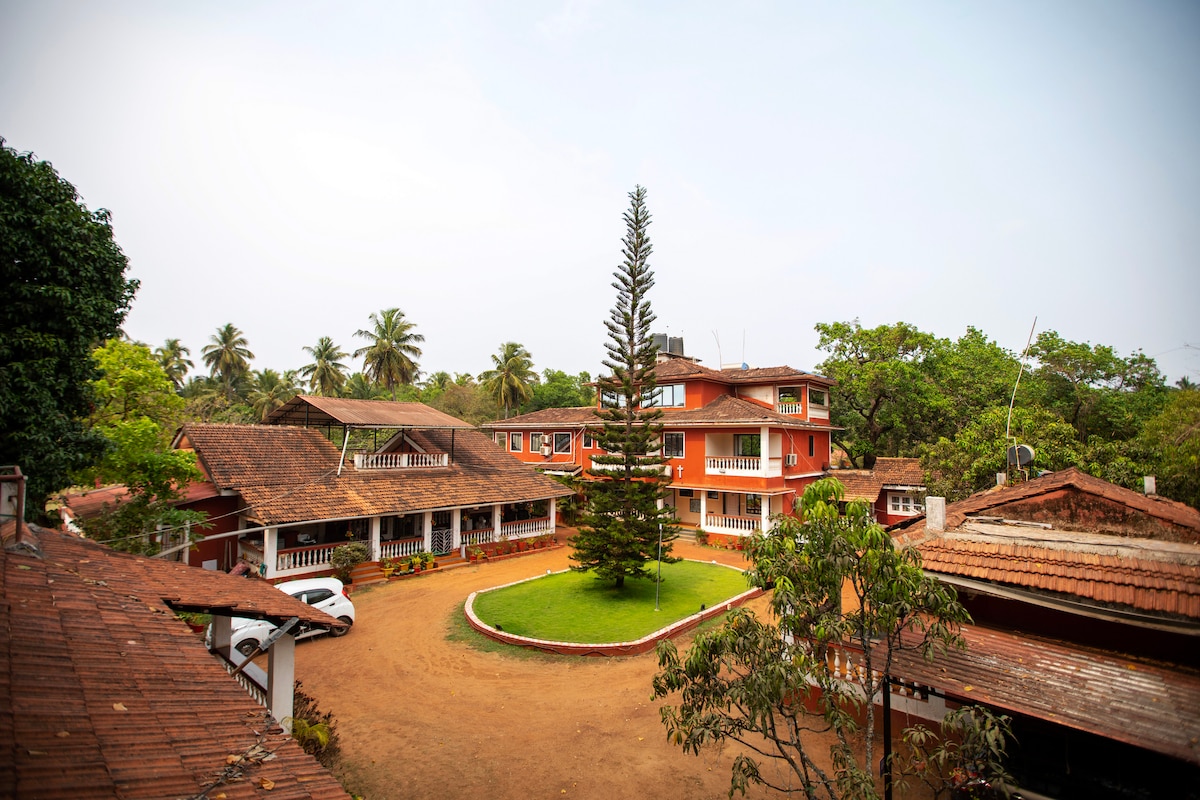 An aerial view shows a charming courtyard surrounded by buildings with red façades and traditional tiled roofs. A tall tree stands prominently at the center, with lush greenery enveloping the area, creating a serene atmosphere. The pathway curves around, guiding toward different structures.