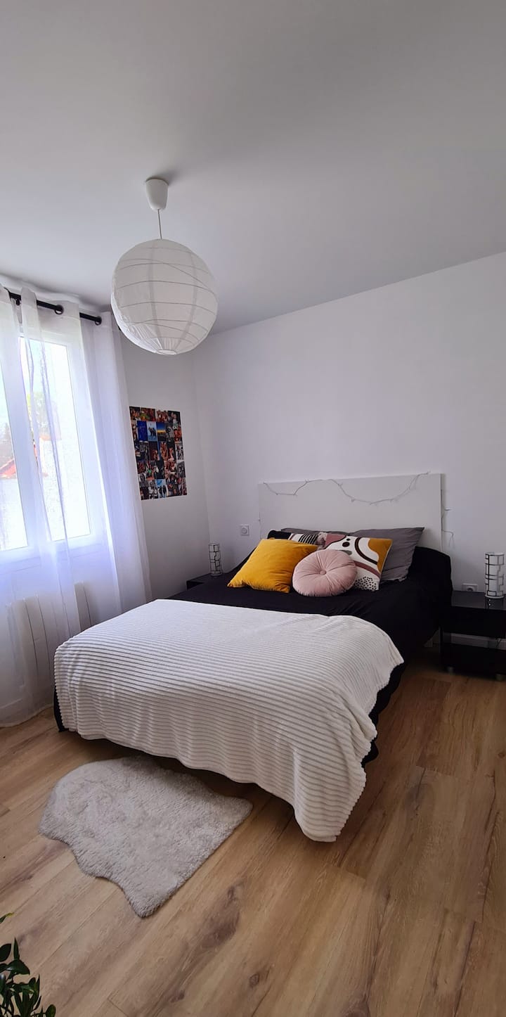 Chambre équipée d'un lit double d'un grand placard, d'une commode et d'un espace de travail
