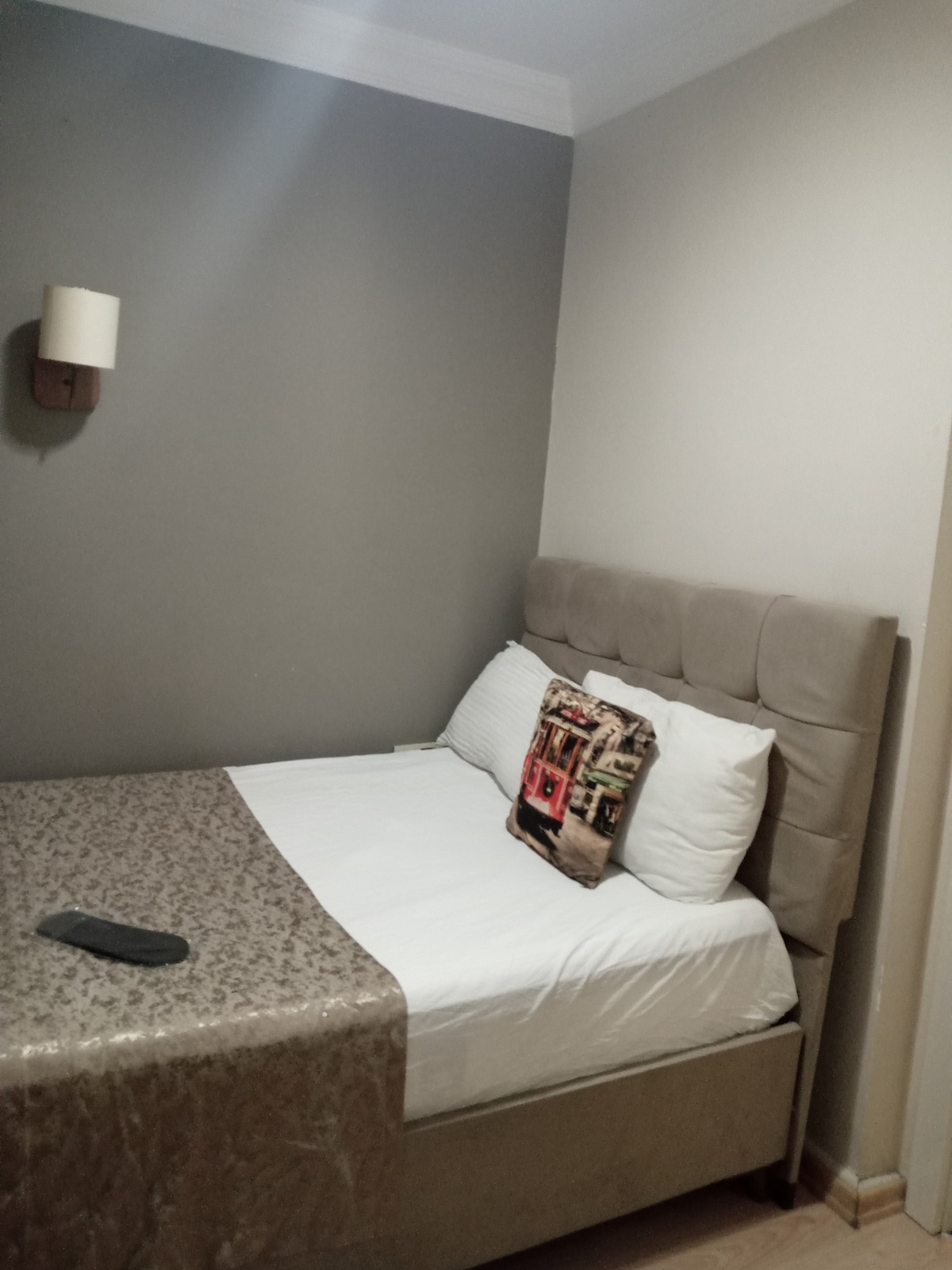 A cozy bedroom features a spacious bed with soft white linens and a decorative pillow. A neutral-toned wall complements the overall design. A single wall light provides illumination, while a plush throw is casually placed on the bed.