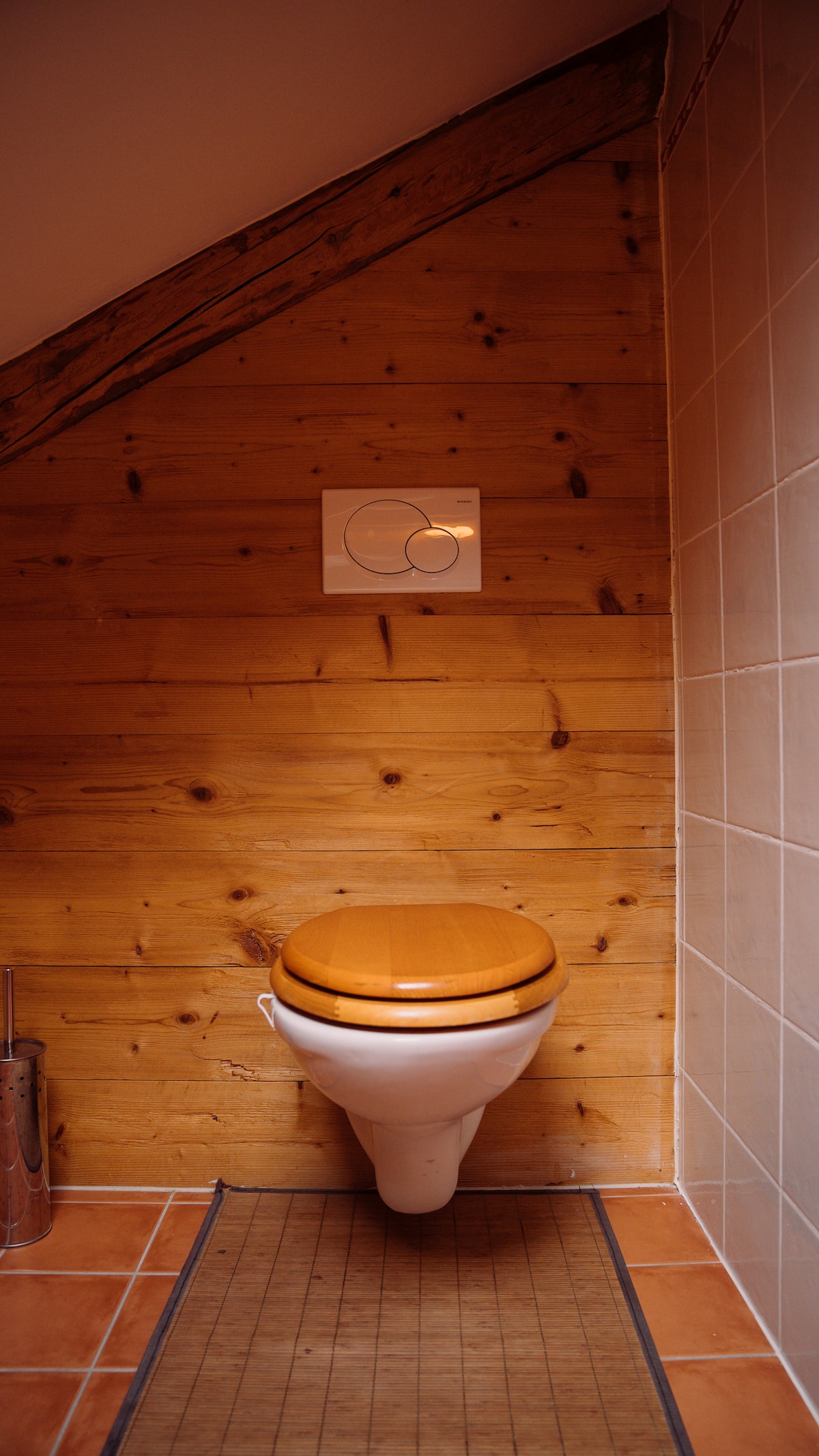 A spacious bathroom features wooden walls and tiled sections. A toilet with a wooden seat is centered in the image, complemented by a metal toilet brush holder. Natural light is diffused softly, highlighting the warm tones of the wood while maintaining a clean, functional appearance.