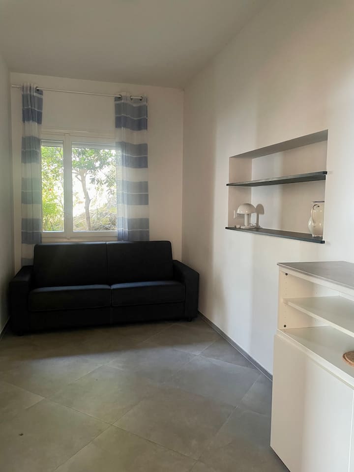 غرفة معيشة بها سرير أريكة مزدوج