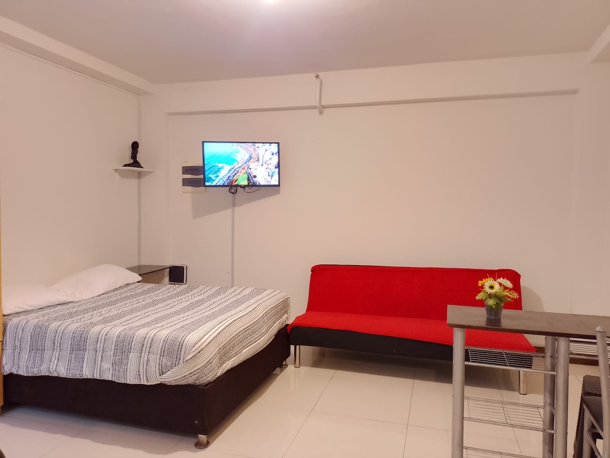 Double bed, sofa bed and  TV.