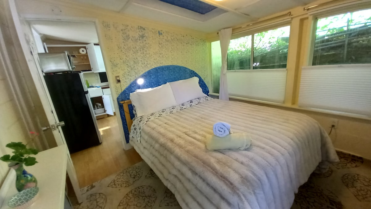 标准双人床卧室-有很多窗户可俯瞰山上、后院和火坑区域。 