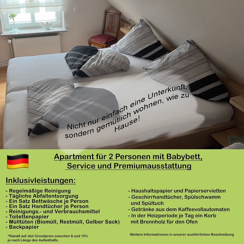 A cozy bedroom is presented, featuring a spacious bed with soft pillows and crisp linens. A baby cot is arranged next to the bed, ensuring comfort for families. Natural light filters through a window, enhancing the warm ambiance of the space.