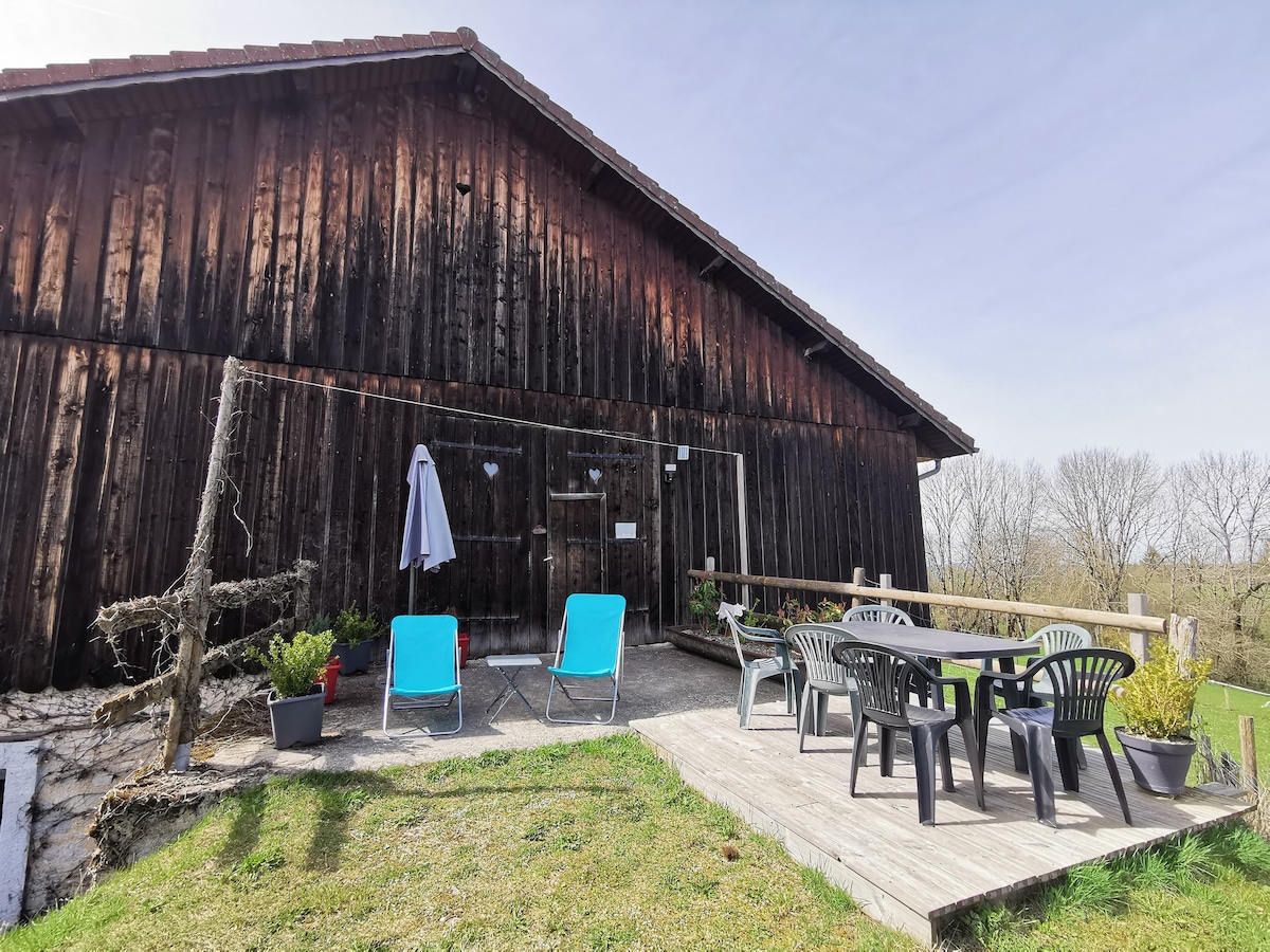 A wooden exterior of the gîte is featured, showcasing a terrace with blue loungers and a dining set. Potted plants add greenery to the space, while the expansive surroundings offer a view of fields and trees in the distance.