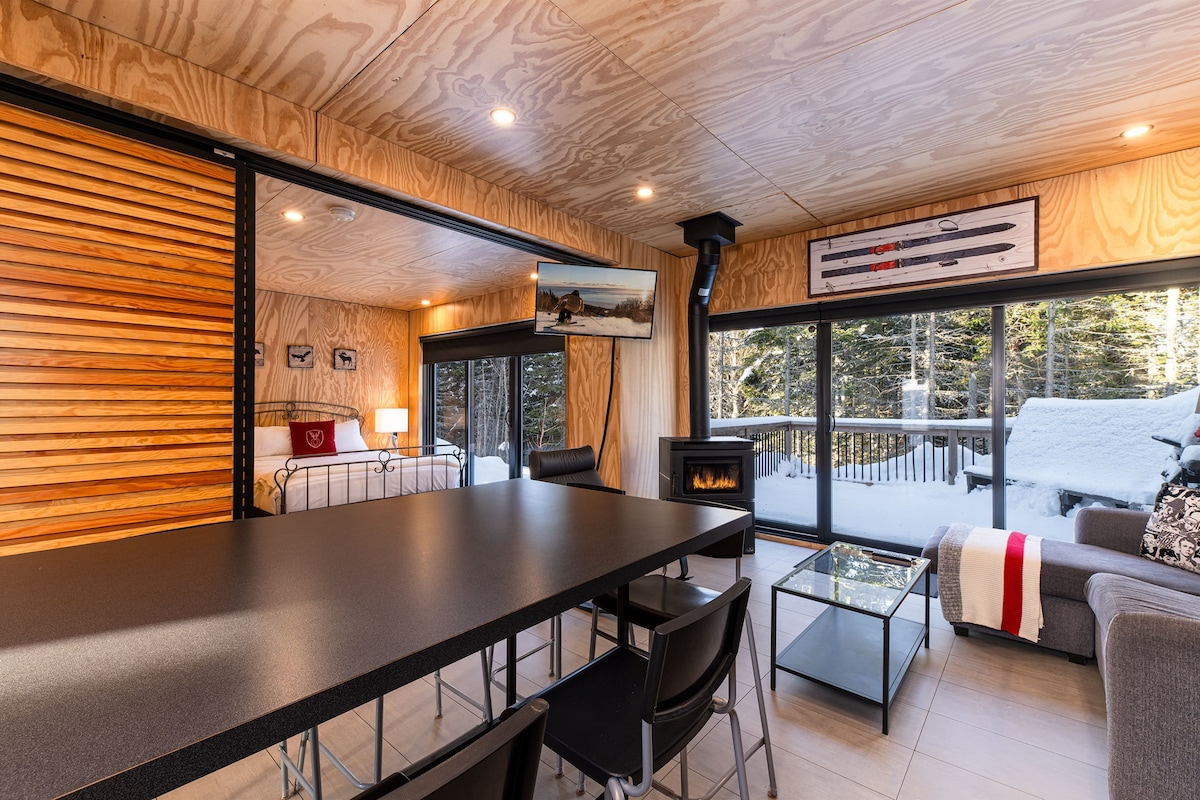A spacious living area is presented, featuring large windows that overlook a snowy landscape. A modern dining table is positioned in front, with several black chairs surrounding it. A cozy seating area with a gray sofa is visible, alongside a flat-screen TV and a wood-burning fireplace.