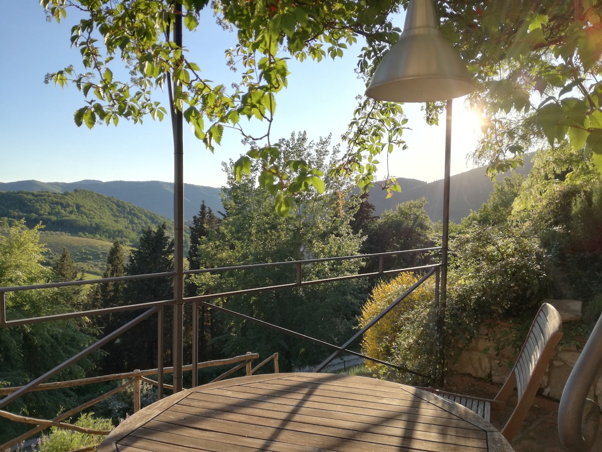 A private terrace is seen with a circular wooden table surrounded by lush greenery. Sunlight filters through the leaves, illuminating a picturesque view of the rolling hills and forests in the background.