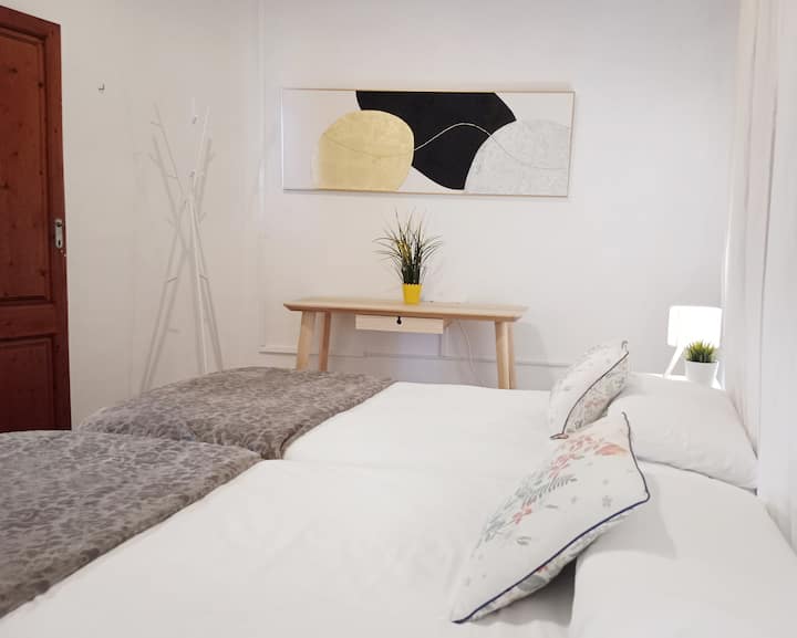 Izba s dvoma oddelenými posteľami s príjemným prostredím a pracovným stolom.

