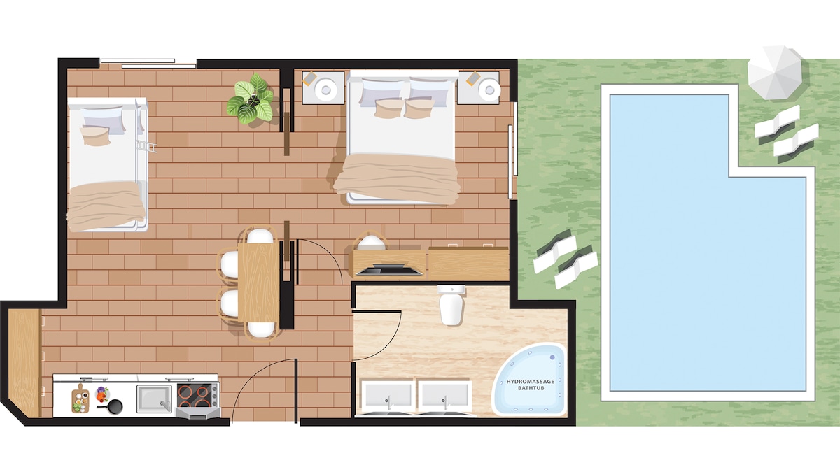 The layout features a master bedroom with a king-size bed and a second area with bunk beds. A dining table is positioned near the kitchenette, and a bathroom with hydro-massage is included. A private swimming pool and garden area are accessible outdoors.