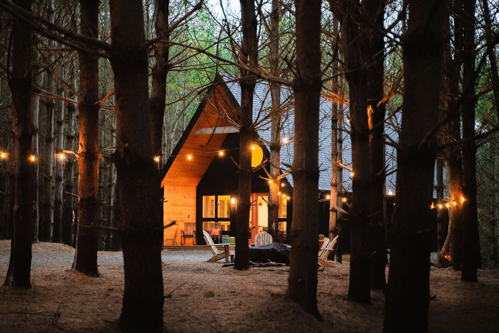 A modern cabin nestled among tall pine trees is illuminated by soft string lights. The warm glow from the cabin's interior contrasts with the natural surroundings, creating a cozy and inviting setting. Adirondack chairs are placed nearby, offering a perfect spot to relax outdoors.
