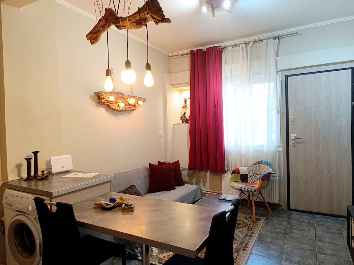 A functional living space features a washing machine and a comfortable sofa with decorative red and patterned cushions. A dining table with black chairs is visible, with warm pendant lights hanging above. Natural light enters through sheer curtains, creating a bright and welcoming environment.