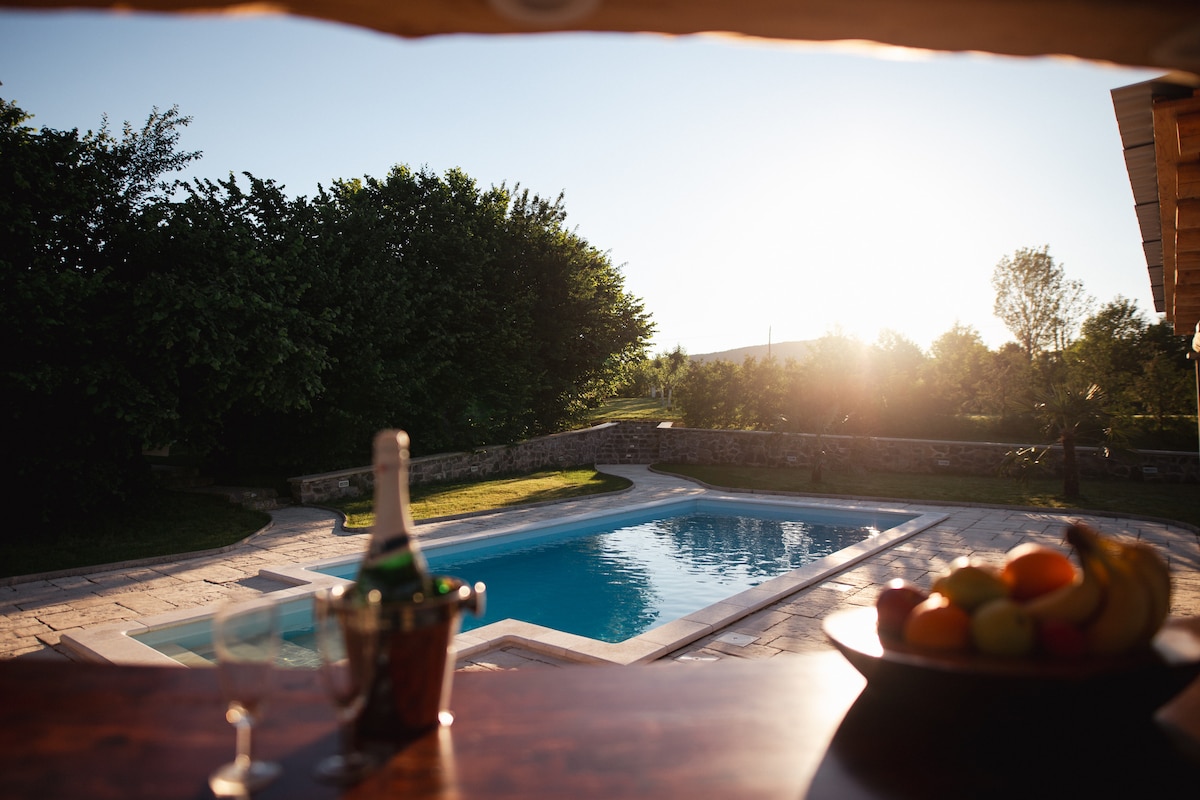 A serene outdoor setting is captured with a view of the inviting pool surrounded by lush greenery. Sunlight filters through trees, casting a warm glow. In the foreground, a table displays a bowl of colorful fruits and a bottle of champagne, suggesting a relaxing atmosphere.