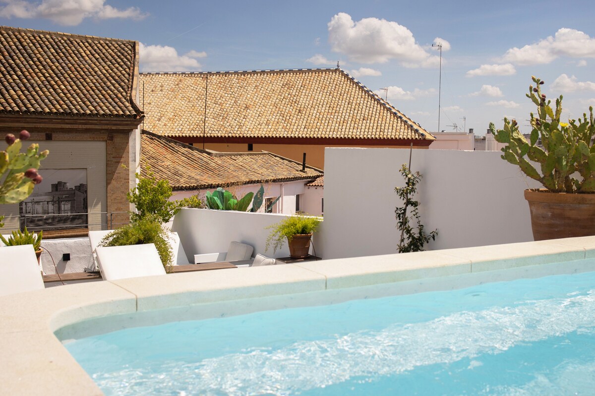 The sunlit rooftop pool is framed by potted plants and a wooden planter. Views of terracotta rooftops and blue skies are visible in the background, enhancing the serene setting. Lounge chairs line the pool's edge, inviting relaxation.