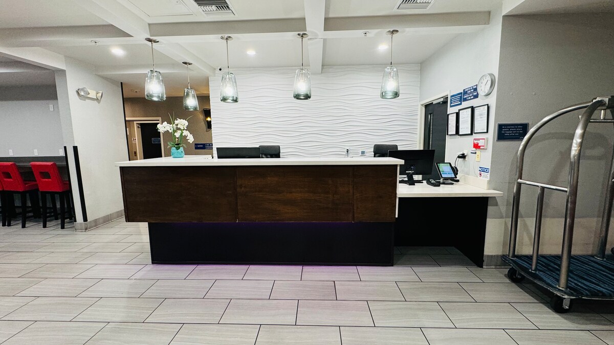 The lobby check-in area features a sleek white and wooden reception desk. Pendant lights hang above, providing soft illumination. A bell cart is positioned nearby, and informational materials are visible on the side counter, enhancing the welcoming environment for guests.