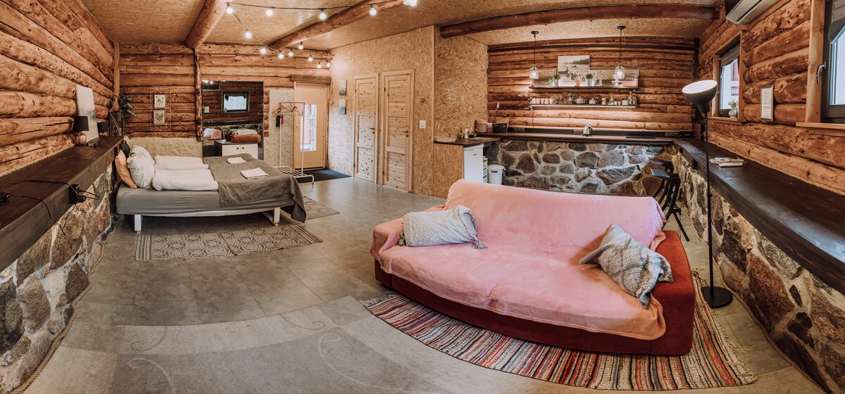 A spacious rustic studio showcases exposed log and stone walls, with a cozy sofa bed and patterned rug at the heart of the room. A well-equipped kitchenette is visible against one wall, while natural light floods the space through large windows.
