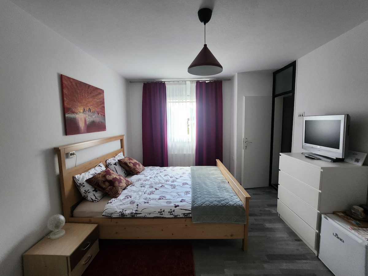 A well-furnished room features a spacious bed adorned with decorative pillows. Natural light enters through a window covered with sheer curtains. A chest of drawers is positioned near the bed, and a television is mounted on the wall. Wall art adds a touch of personality.