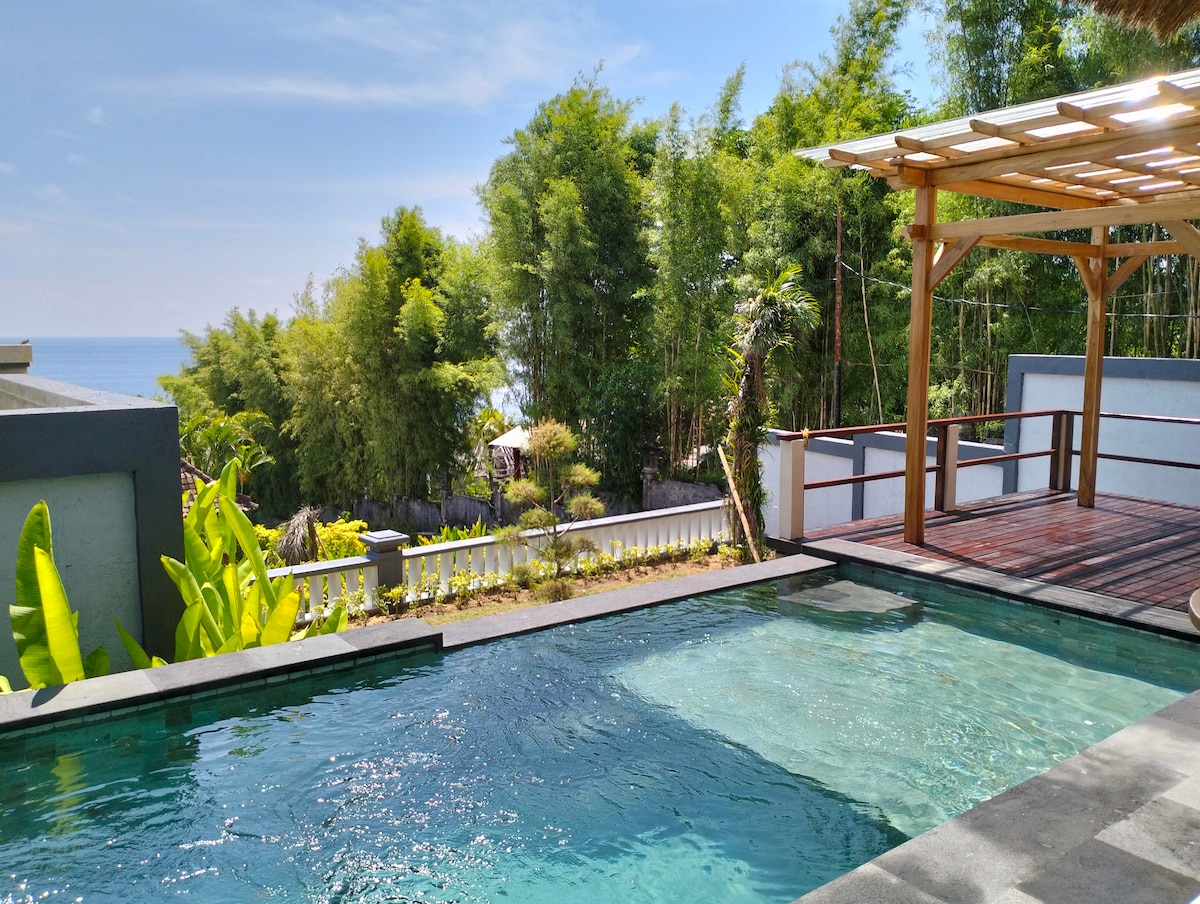 A private pool glistens under sunlight, surrounded by lush green plants and wooden decking. A seating area is positioned nearby, offering unobstructed views of the ocean and surrounding landscape. The tranquil atmosphere is enhanced by the gentle movement of the water.