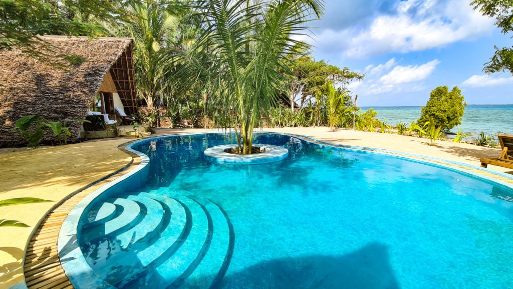 A bright swimming pool is surrounded by lush greenery, featuring a central palm tree in the water. The tranquil pool area overlooks the Indian Ocean, with a soft sandy beach visible in the background and a clear blue sky above.
