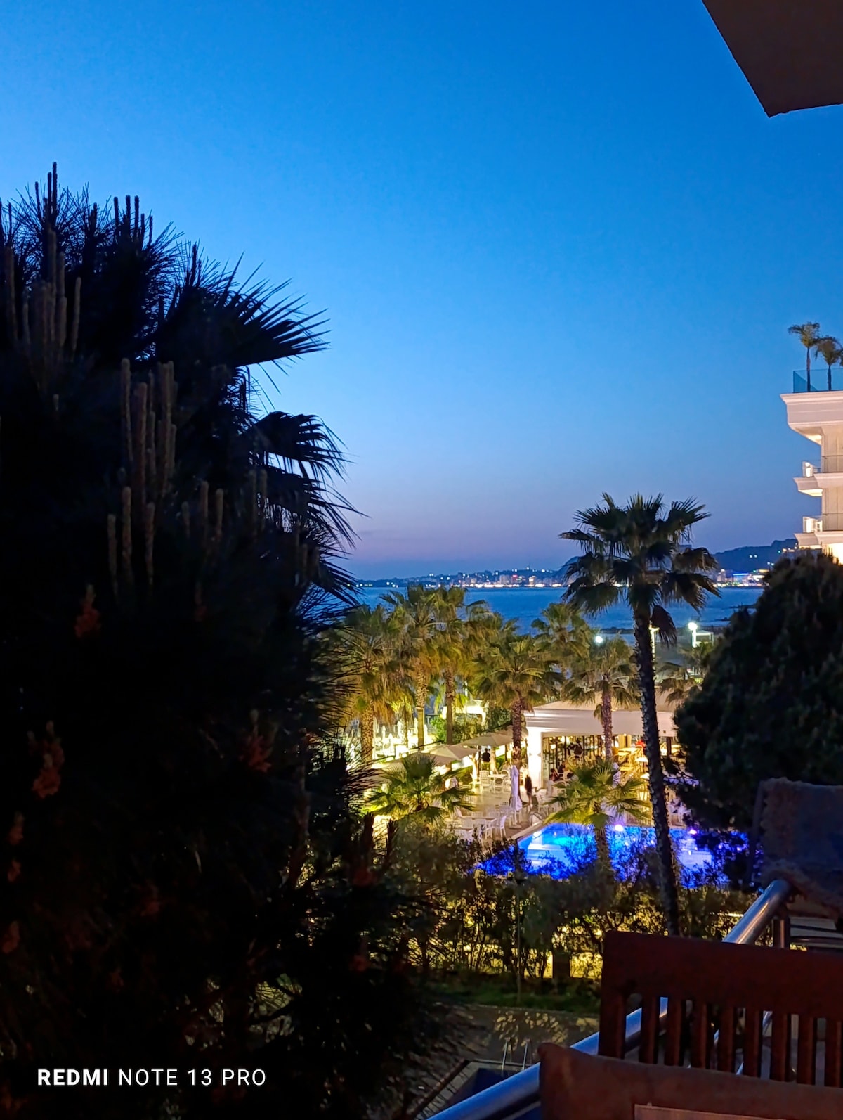 A serene evening scene captures palm trees swaying gently in the breeze, with warm lighting illuminating the outdoor area. A glimpse of the tranquil sea is visible in the background, framed by lush greenery under a twilight sky.