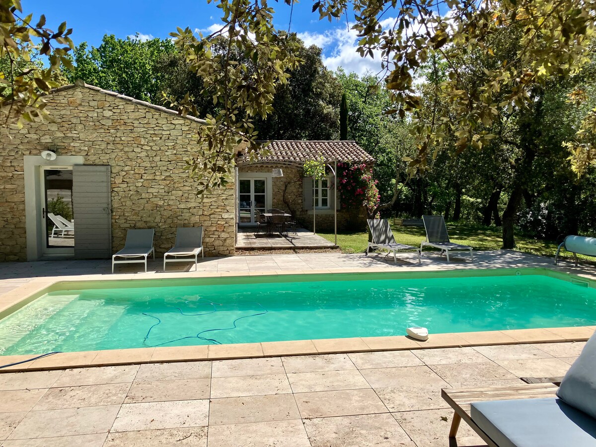 A stone house is positioned beside a clear swimming pool, surrounded by lush greenery. Several lounge chairs are arranged along the pool deck. The outdoor space is designed for relaxation, featuring a serene atmosphere with soft sunlight filtering through the trees.