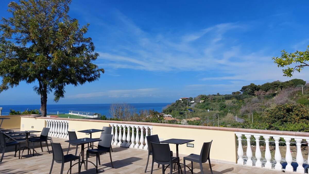 An outdoor terrace is furnished with several dark, modern chairs and tables, offering views of the sea and surrounding greenery. A large tree provides shade, while the horizon showcases a clear blue sky with soft clouds.