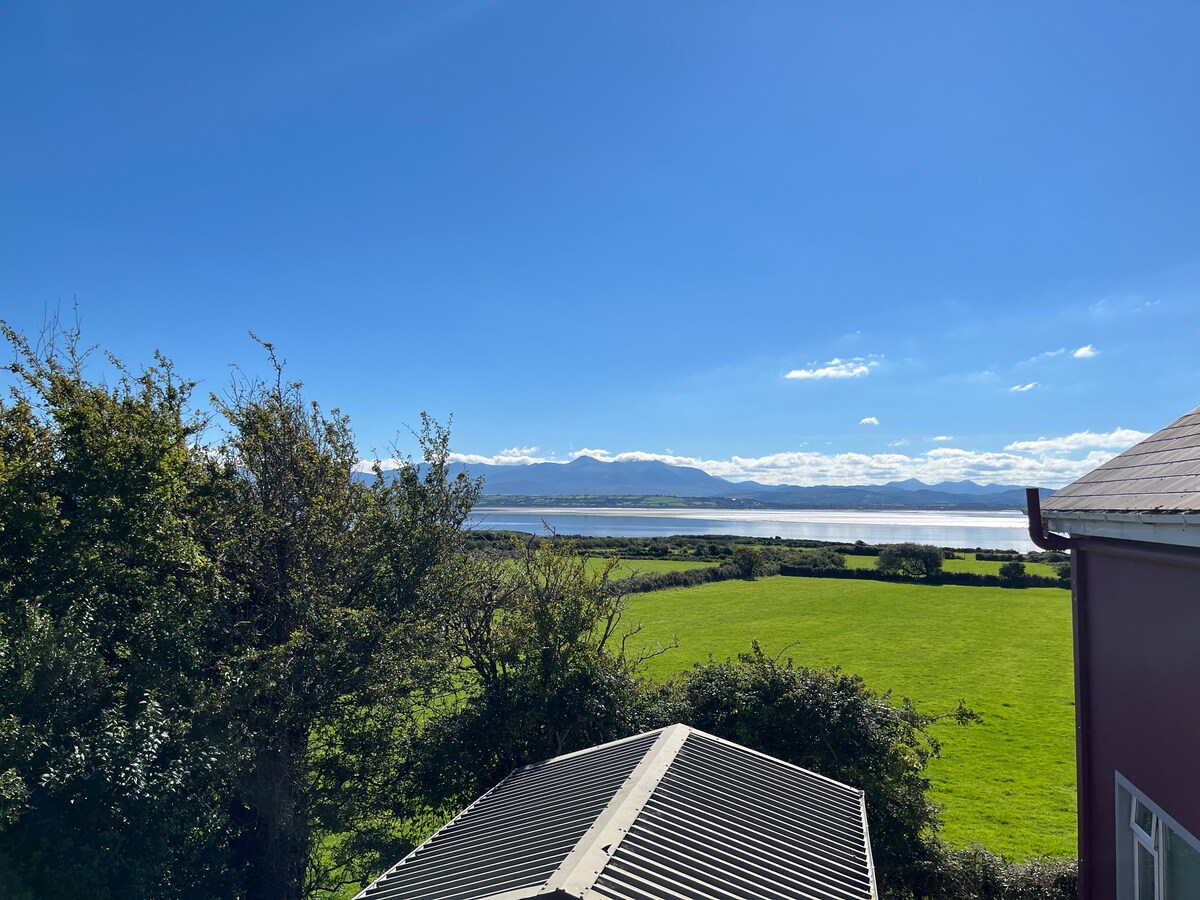 A scenic view showcases lush green fields extending towards a calm body of water, with distant mountains under a clear blue sky. The vibrant greenery is complemented by trees framing the view, creating a peaceful natural landscape.