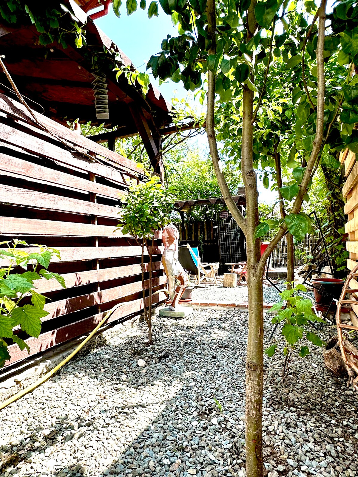 A gravel pathway lined with leafy trees leads to a cozy outdoor space. Wooden structures frame the area, creating a private and serene environment. Lounge chairs are visible in the background, inviting relaxation amidst the greenery.