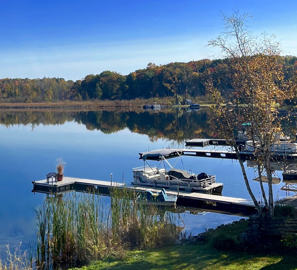 The serene lake is framed by autumn foliage, reflecting the trees in calm waters. Several docks are visible, mooring a pontoon boat and additional watercraft. Tall grasses line the foreground, adding natural texture to the peaceful landscape.