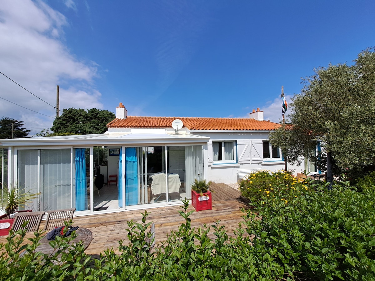 A single-story house is depicted, featuring large glass doors that open to a spacious terrace. Bright blue curtains frame the entrance, while various plants and flowers are visible in the foreground. A clear blue sky and sunlight create a welcoming and bright atmosphere.