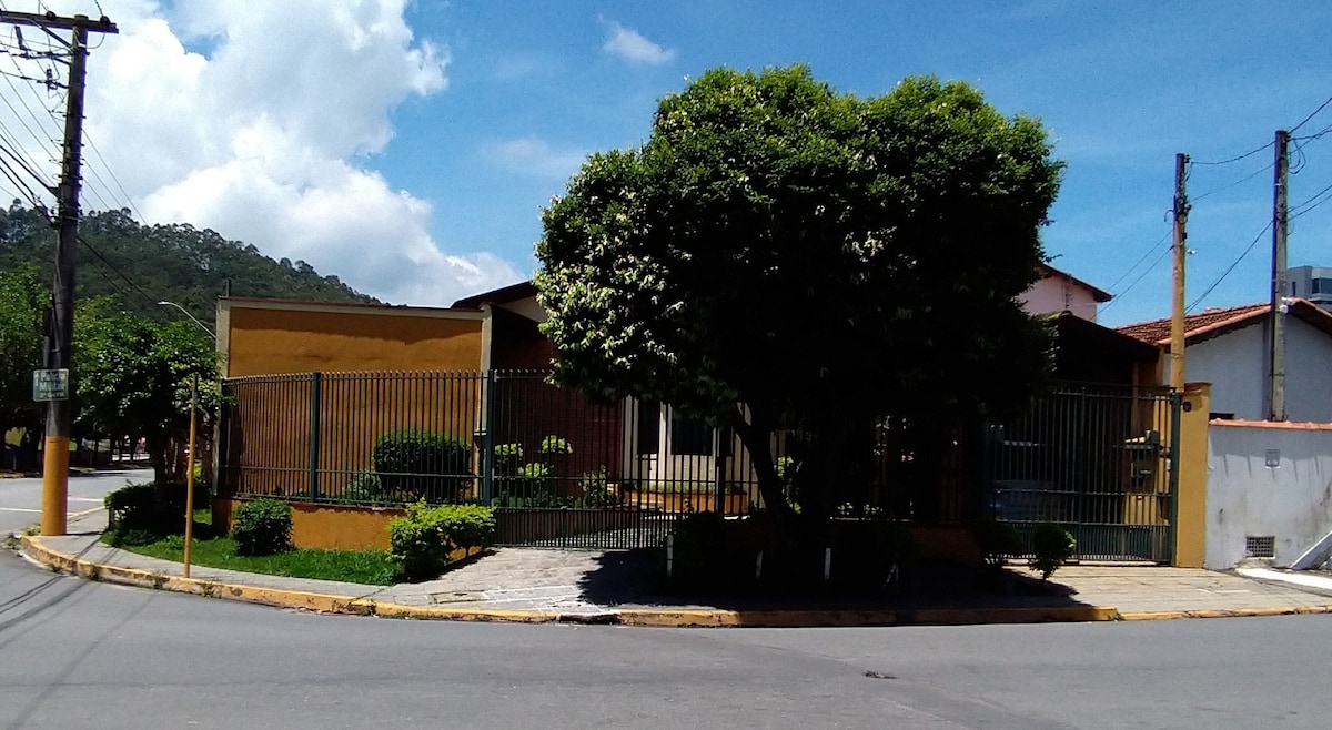 A residential house is depicted surrounded by a well-maintained garden. A large tree provides shade in the front yard, while the property is enclosed by a green fence. The street curves around the house, enhancing the sense of space in the tranquil neighborhood.