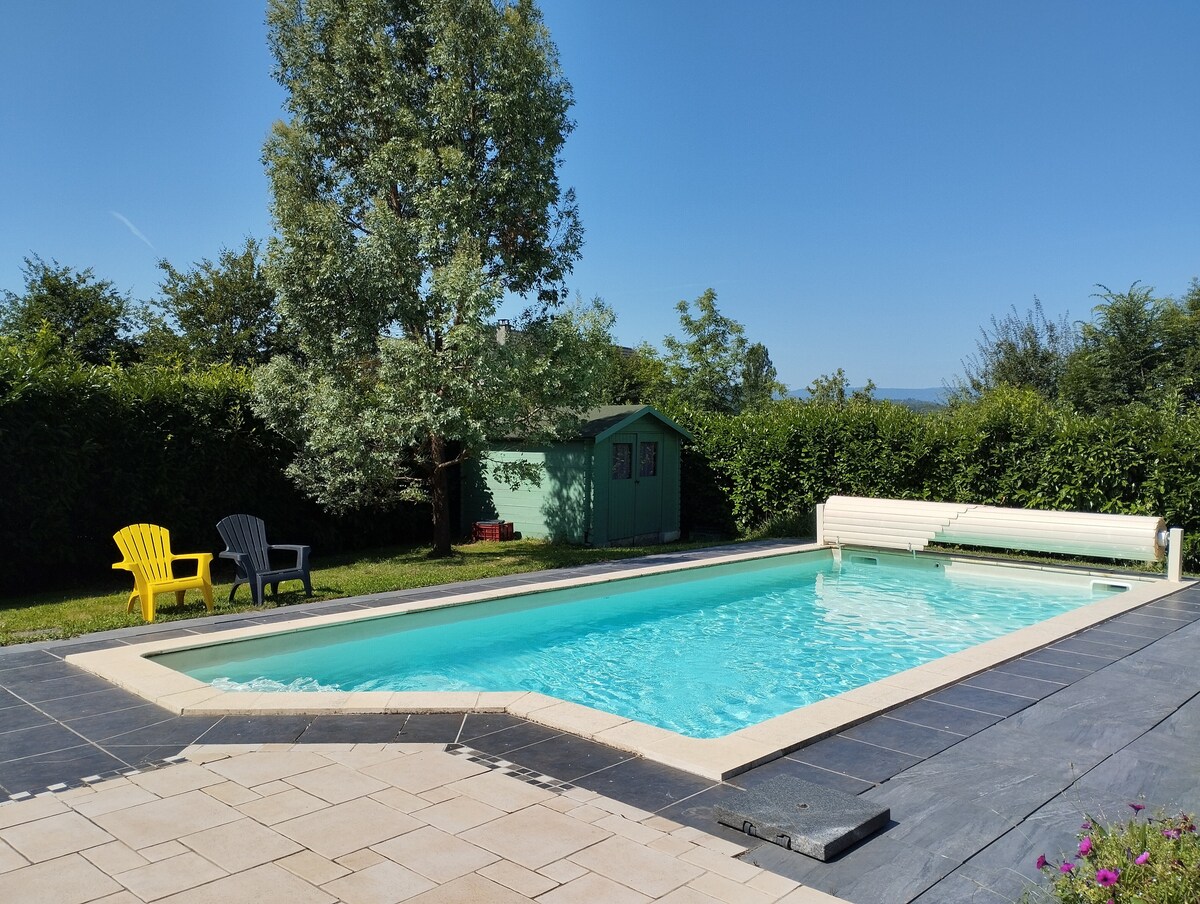 A rectangular pool is positioned amidst lush greenery, featuring a stone patio with lounge chairs. A small shed is visible in the background, surrounded by well-maintained bushes. The sky is clear, allowing natural light to illuminate the area.