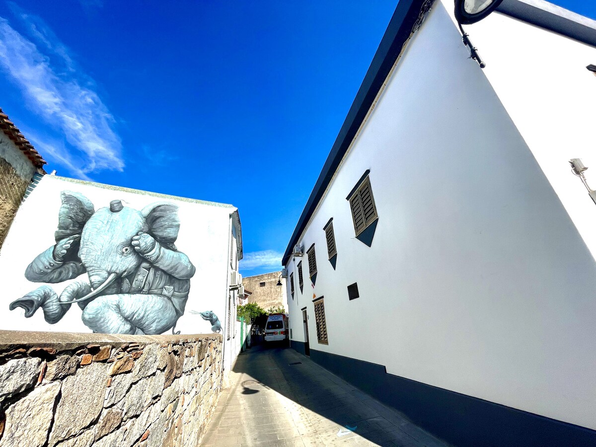A narrow street is lined with whitewashed buildings, complemented by natural stone walls. A large mural of an elephant adorns the side of a building, adding an artistic touch to the environment. Clear blue skies enhance the overall brightness of the scene.