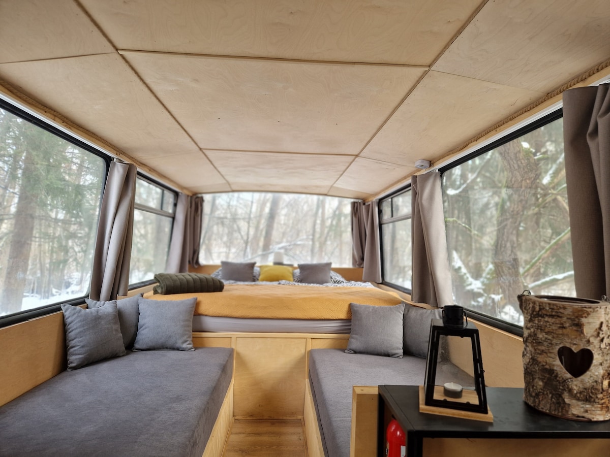 The interior features large windows that offer views of the surrounding forest. A spacious bed is positioned at the back, accompanied by cozy seating areas with soft cushions. Natural light fills the space, creating a serene atmosphere with neutral wood tones.