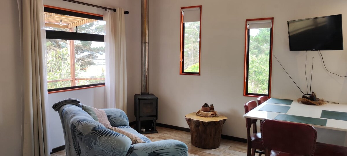 A bright living space features large windows providing ample natural light. A cozy seating area is complemented by a small wooden table, while a wood stove adds warmth. A flat-screen TV is mounted on the wall, enhancing the functionality of the room.