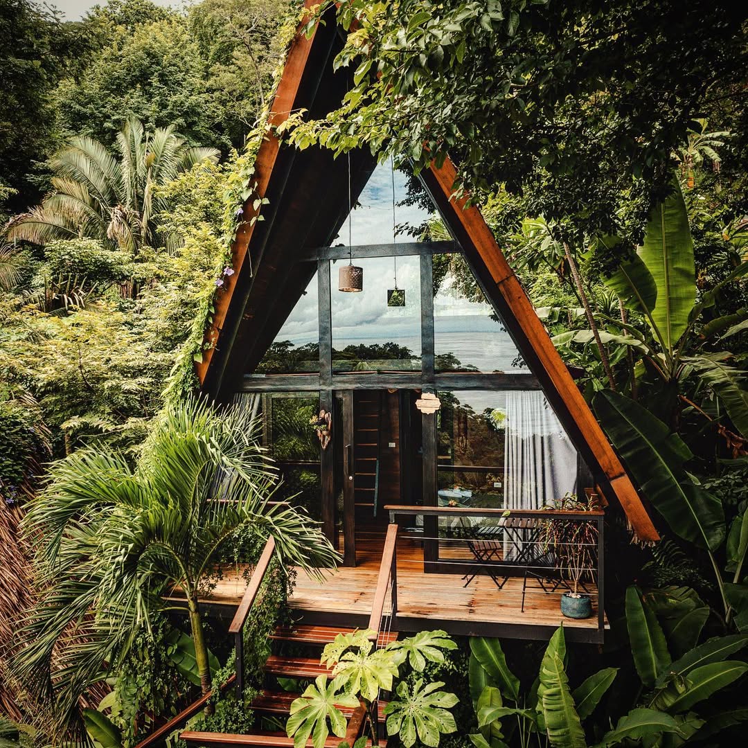 A charming A-frame bungalow is nestled among lush greenery, featuring large glass windows that invite natural light and showcase views of the surrounding jungle. Wooden stairs lead to a welcoming entrance, with tropical plants framing the space, creating a serene and inviting atmosphere.