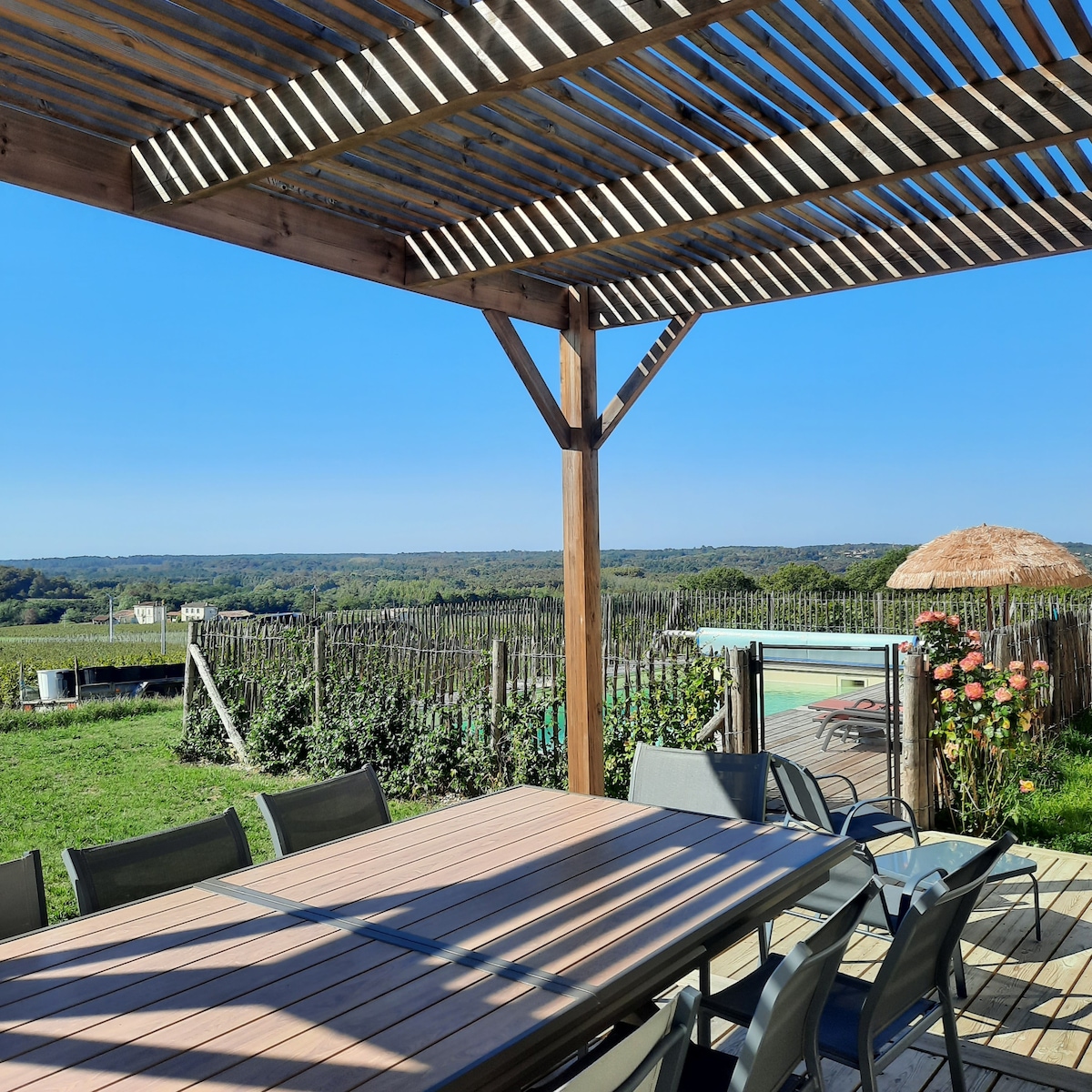 An outdoor dining area is featured under a wooden pergola, with a large table and multiple chairs arranged for communal meals. In the background, a panoramic view of the vineyard and the valley is visible. A serene blue sky enhances the tranquil atmosphere.