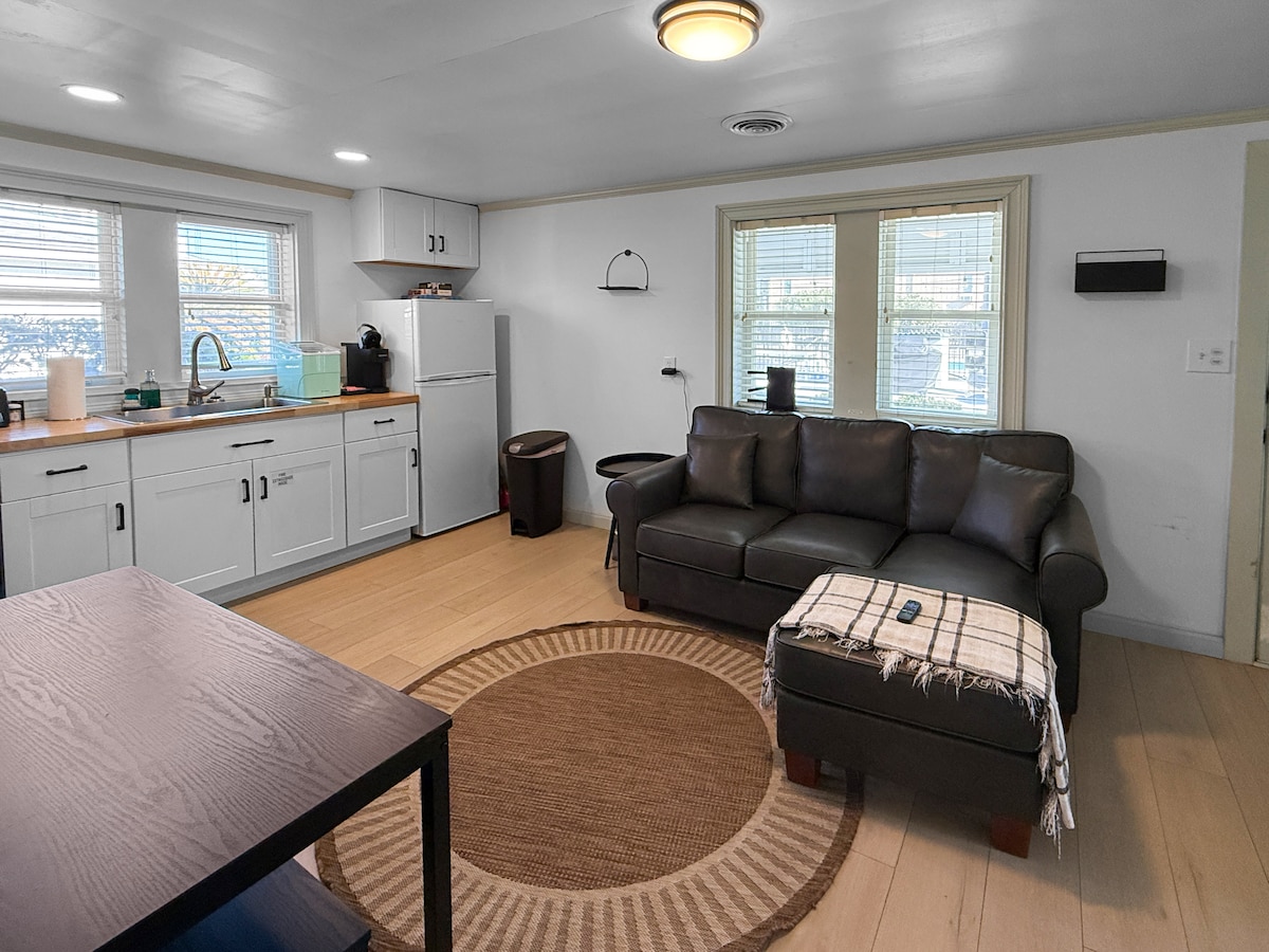 A cozy living area is highlighted by a dark brown couch, accompanied by a small wooden table. A round area rug sits beneath the coffee table, while natural light fills the space through the window treatments. Basic kitchen amenities and a refrigerator are visible in the background.