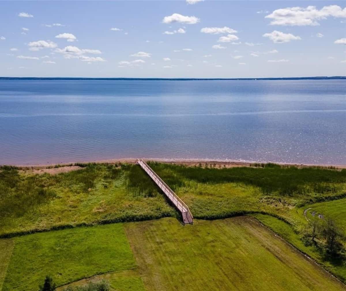 Aerial view of the boardwalk reaching the bay