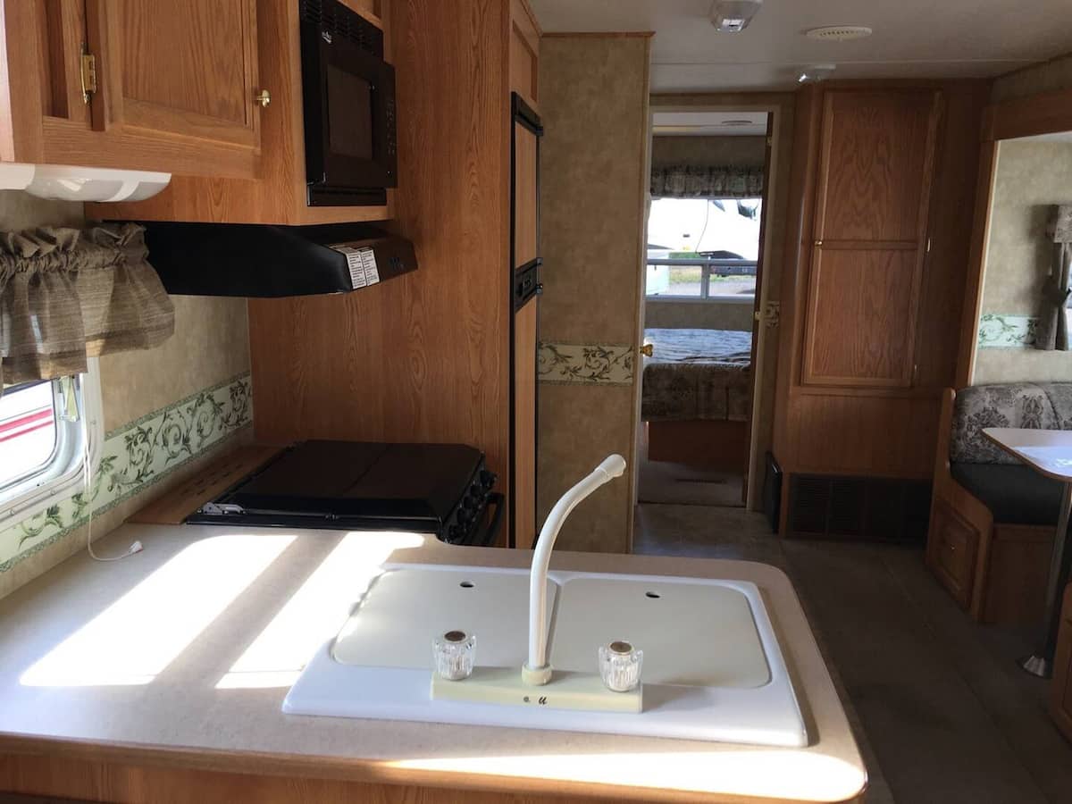 RV bedroom with double bed