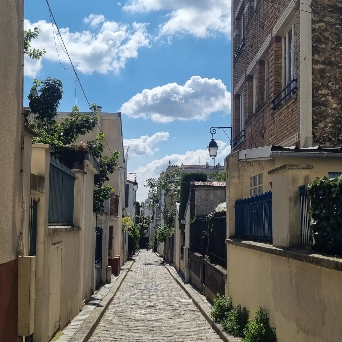 A cobblestone alleyway is flanked by walls adorned with greenery and blooming plants. Periodic street lamps offer illumination along the path. The bright sky is visible, with clouds scattered above, suggesting a pleasant day. The scene embodies a calm and serene neighborhood atmosphere.