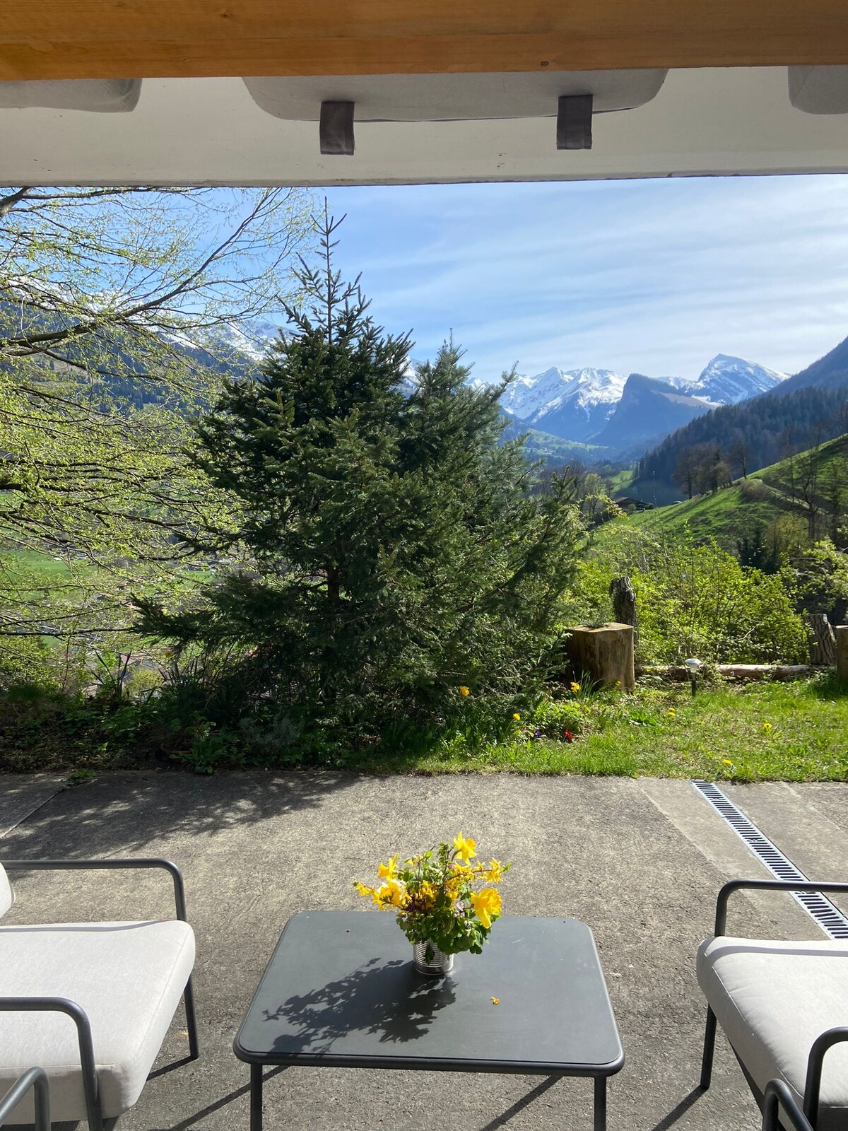 A private outdoor area is showcased with comfortable seating and a small table. A potted flower arrangement adds a touch of color. The background features lush greenery and mountains, presenting a scenic view of the surrounding landscape.