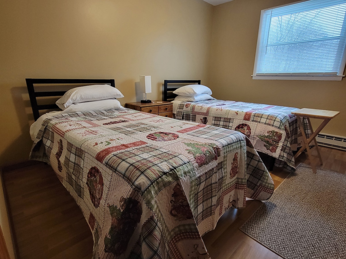 Our twin bedroom with a two twin beds. Sleeps up to two.  The bedside lamp is equipped with USB plugs for easy charging. 