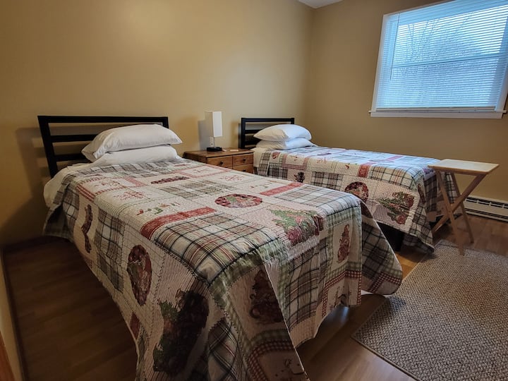 Our twin bedroom with a two twin beds. Sleeps up to two.  The bedside lamp is equipped with USB plugs for easy charging. 