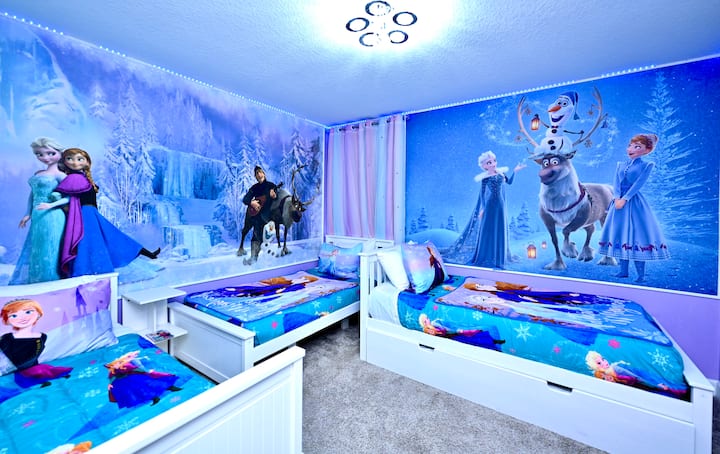 Bedroom 8 Frozen Three Single plus 1 Trundle: Immerse in the beautiful Frozen world full of courage and compassion. Bed with award-winning firm mattress, TV, attached Bathroom3 shared with Bedroom3 Mediterranean Town. 