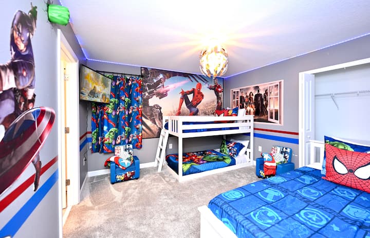 Bedroom 6 Avenger Three Single One Trundle : Find out what makes a superhero extradinary? Courage? Compassion?  TV, chairs, low bunk bed at floor level safe for todollers, attached bathroom 4 shared with Asia bedroom 5. 