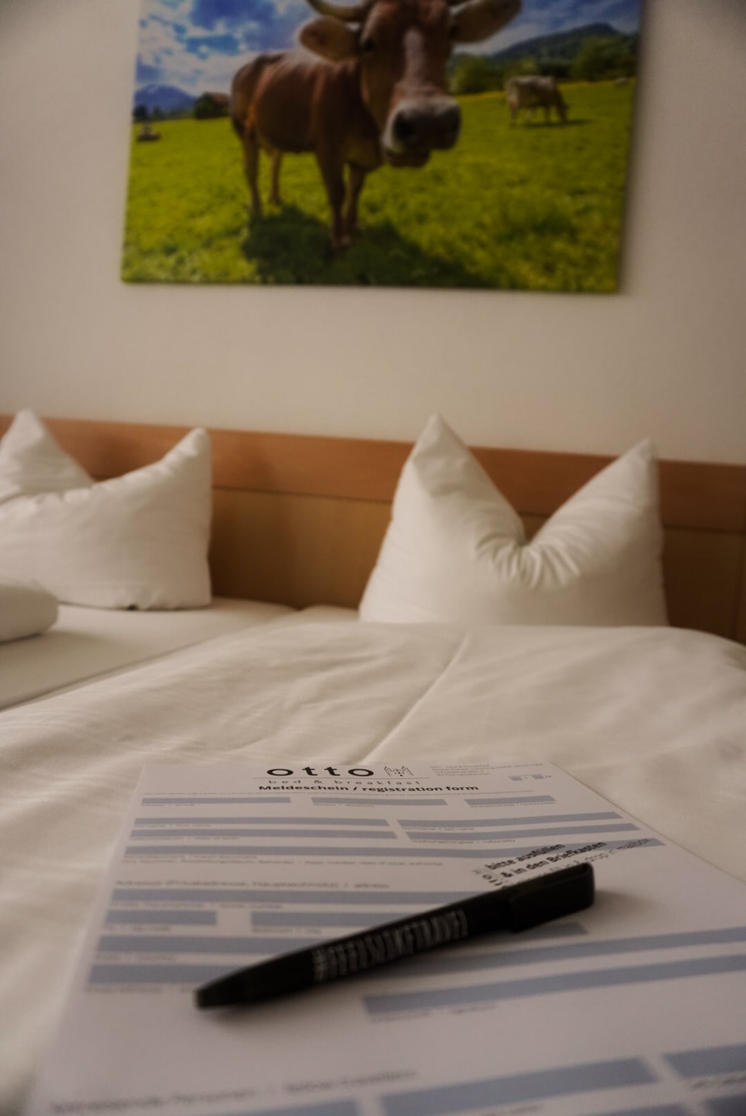 A spacious bed with two large decorative pillows is arranged with crisp white linens. In the foreground, a document rests on the bedspread, accompanied by a black pen. A vibrant landscape photograph featuring a cow on a green pasture hangs above the bed.